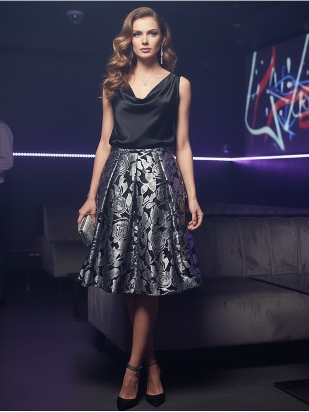 Alex Evenings impressionistic, silver flowers, on black, full skirt – size M